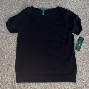 RALPH LAUREN Womens Black Ruched Short Sleeve Top Size: L
